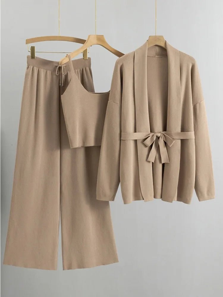 SEAME - Divine - Comfy Knitted Autumn Winter Set with belted Vest & Wide Leg Trousers Black One Size