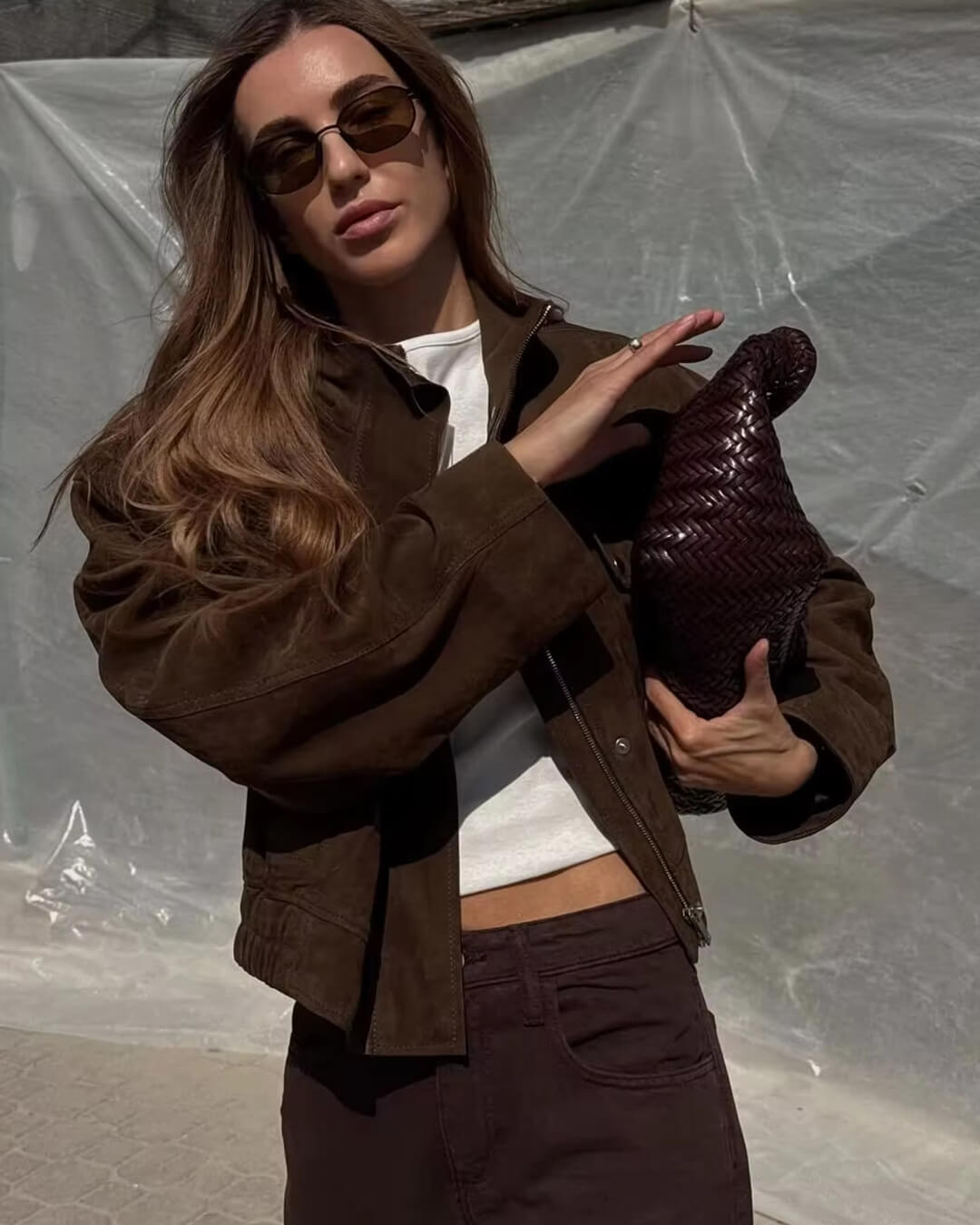 SEAME - Eve Suede Bomber Jacket Dark Brown L