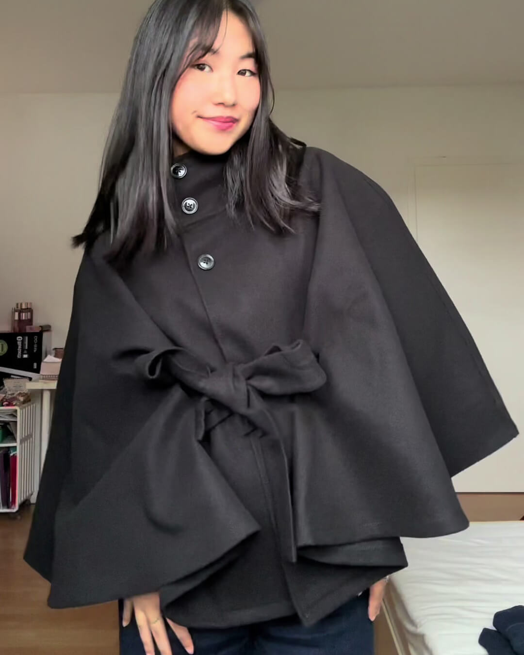 SEAME - Marianne Elegant High - Neck Belted Cape Jacket Black S