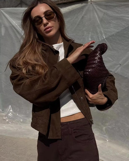 SEAME - Eve Suede Bomber Jacket Dark Brown L